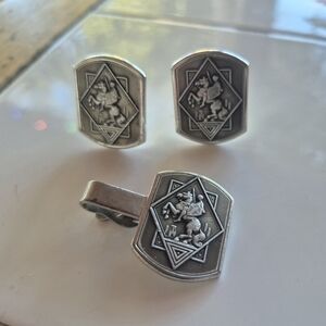 Vintage Silver Swank Midieval Cufflinks and Tie Clip Set